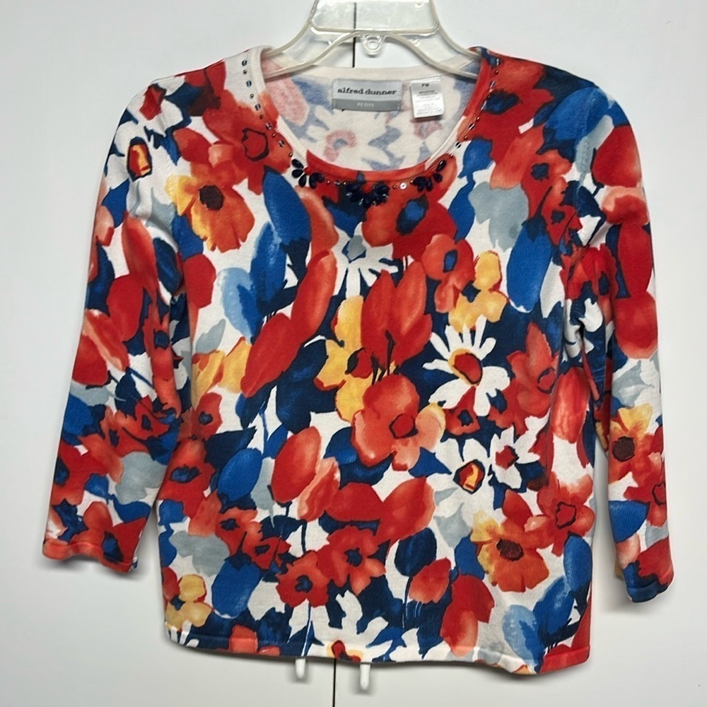 Alfred Dunner Floral Sweater Beaded Neckline Cotton Blend Pullover PM